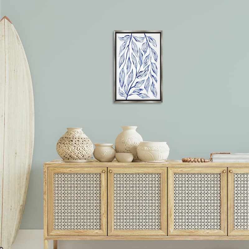 Stupell Simple Blue Leaves on White Framed Floater Canvas Wall Art Design By Martina Pavlova