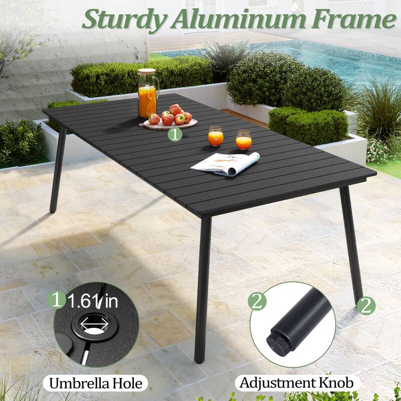 Outdoor 7 PC- Patio Rectangular Aluminum Dining Table Set with Umbrella Hole with Rattan Chair