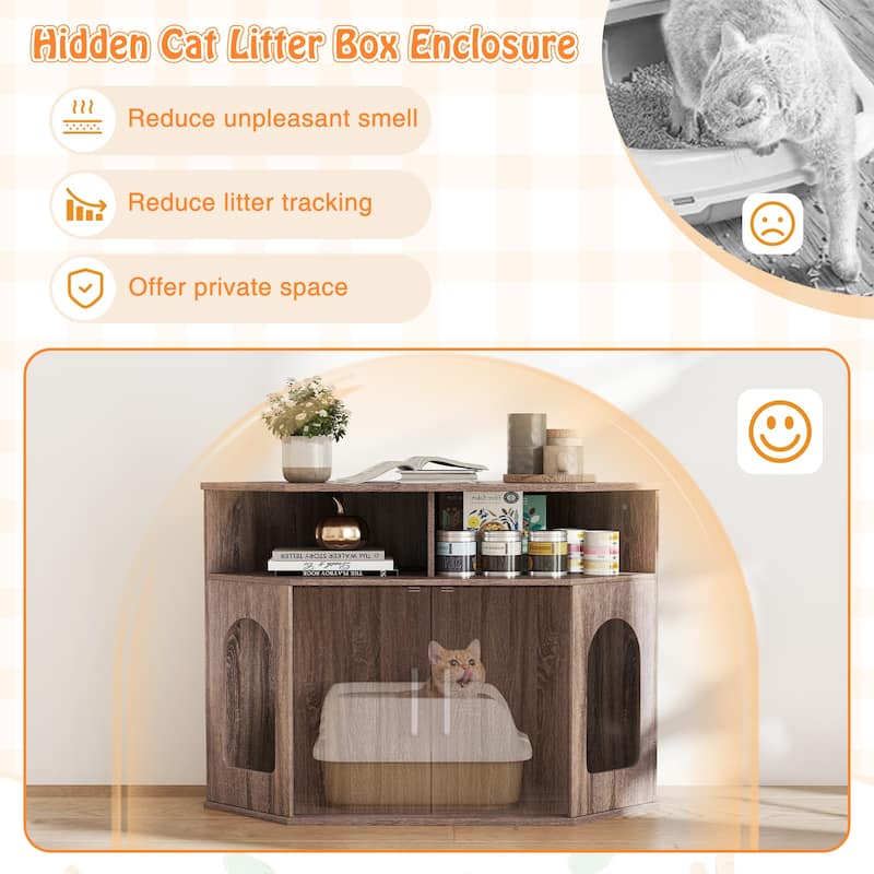 Gymax 3-Tier Modern Corner Cat Litter Box Enclosure w/ Storage Shelves