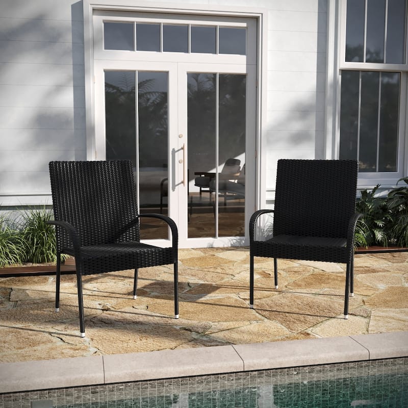 Indoor/Outdoor Stacking Steel Framed Wicker Dining Armchairs - 2 Pack - Black
