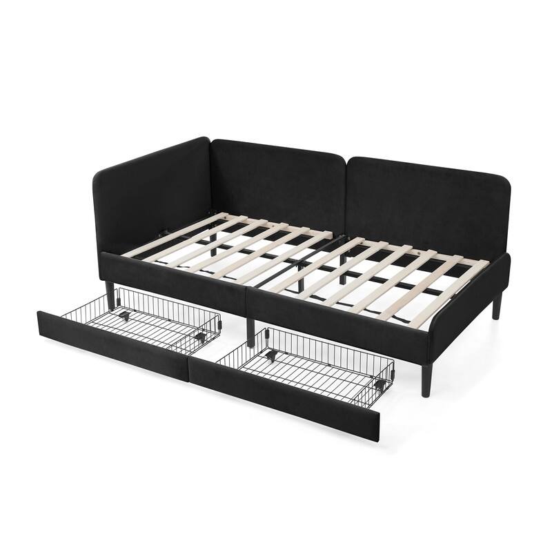 Upholstered Storage Bed - Velvet Platform Frame with 2 Built-In Drawers, Adjustable Sofa Bed in Black