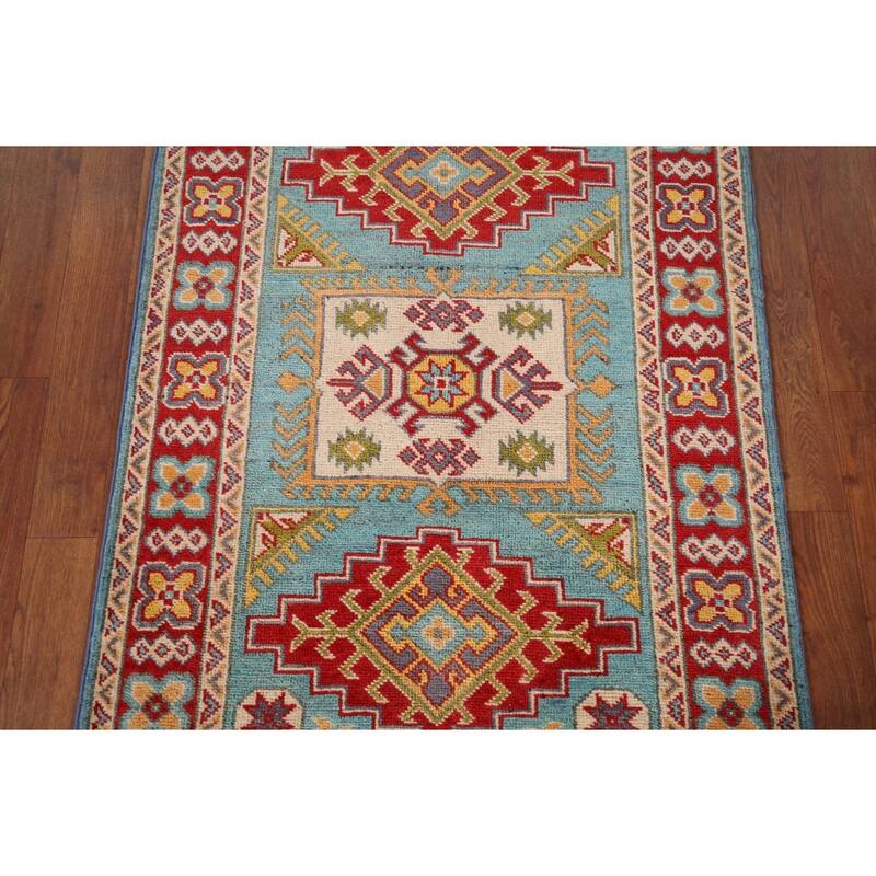 Geometric Blue Kazak Oriental Accent Rug Hand-Knotted Wool Carpet - 2'8" x 3'10"