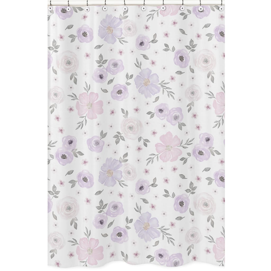 Sweet Jojo Designs Lavender Purple, Pink, Grey and White Watercolor Floral Collection Bathroom Fabric Bath Shower Curtain