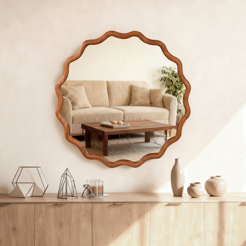 30 inch Wavy Round Solid Wood Frame Decorative Mirror,For Bedroom, Bathroom, Living Room, Entryway