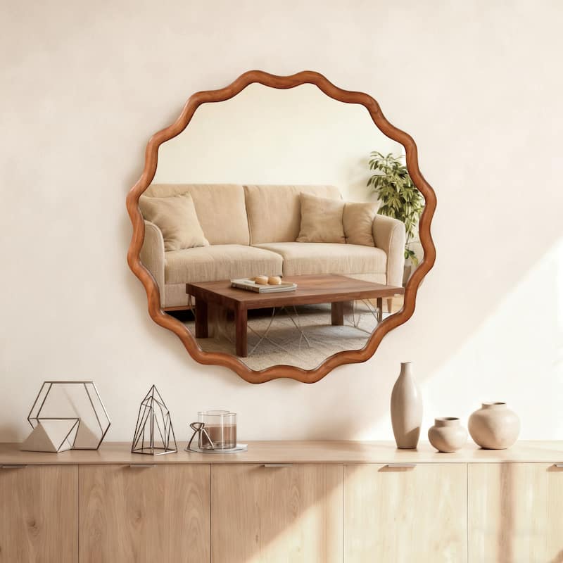 Wavy Round Solid Wood Frame Decorative Mirror - Antique Brown