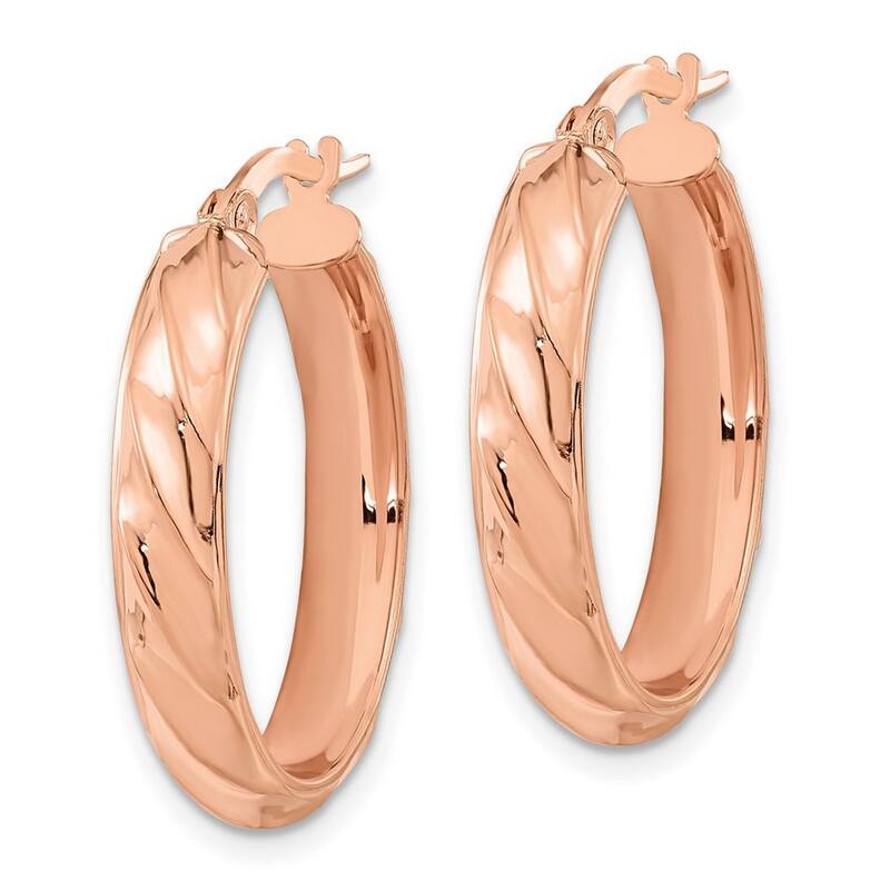 Curata 14k Gold Rose Polished and Striped 25.4x4.75mm Oval Hoop Earrings