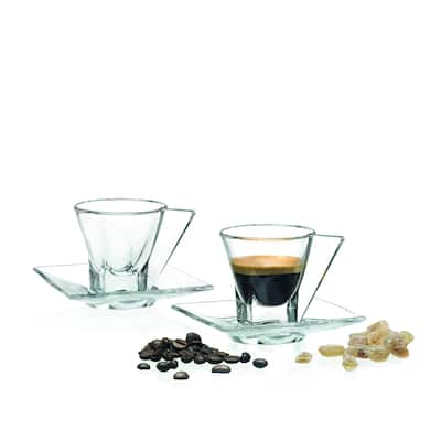 Majestic Gifts Inc European Glass Cappuccino Cup w/ Saucer 2.3 Oz-Set/2 - 2.5"
