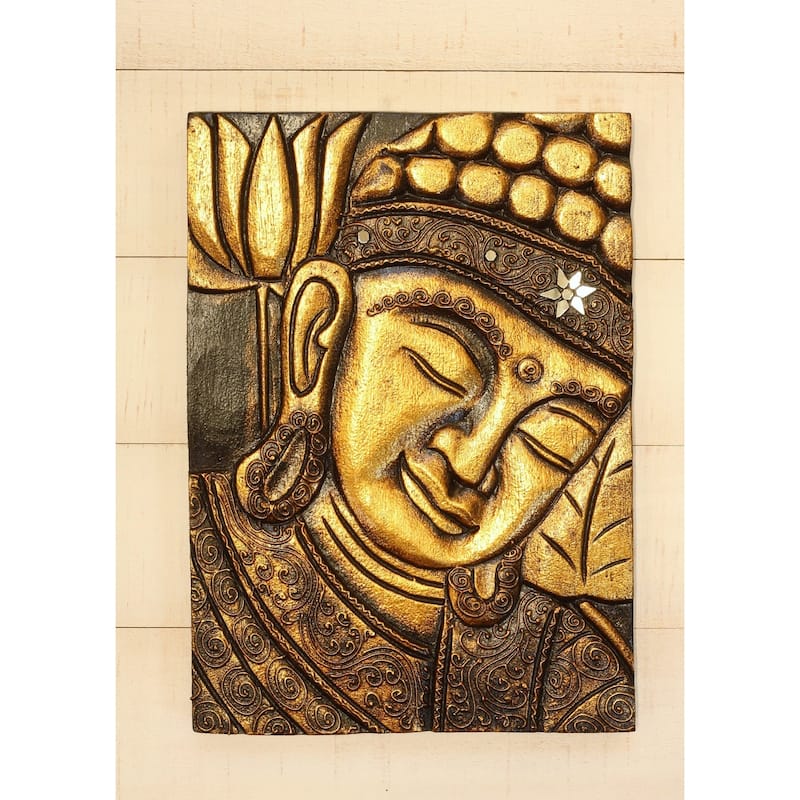 16" Silver Buddha Wall Panel - Hand Carved Decorative Wood Relief, Zen Spiritual Wall Art - Gold