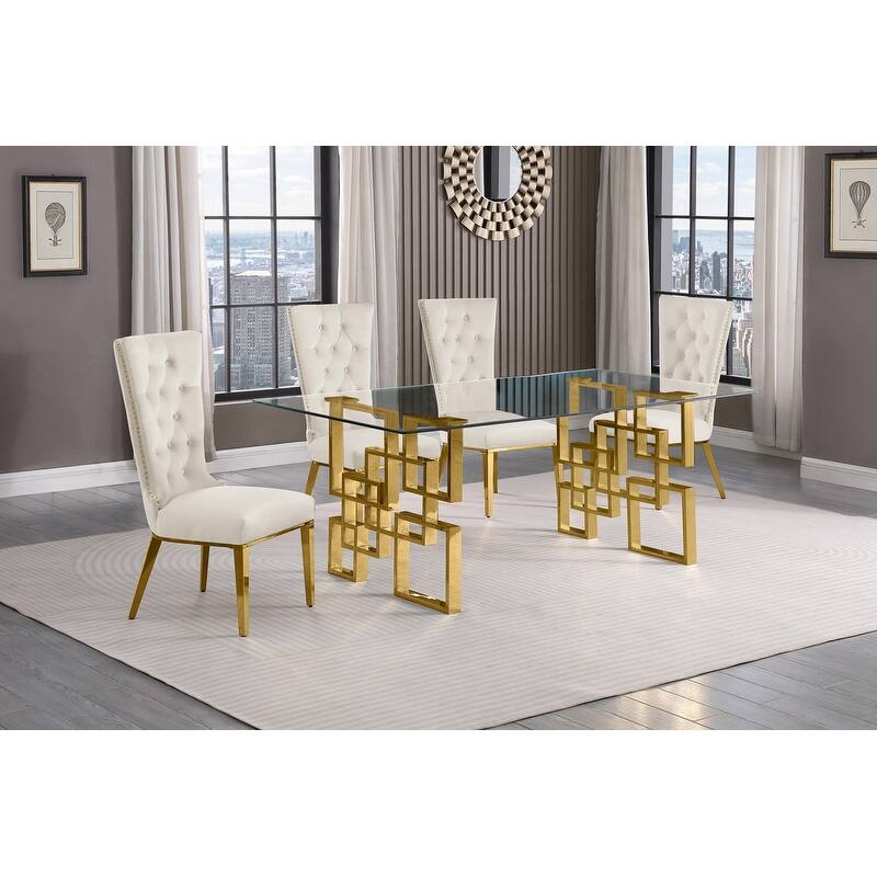 Best Quality Furniture D221/2-SC330-7 Dining Set with 12mm Tempered Glass - 5-Piece - Cream with Gold