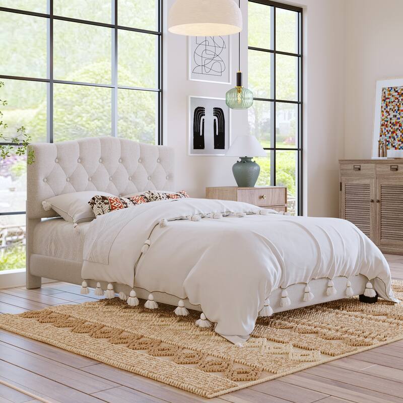 Upholstered Platform Bed with Saddle Curved Adjustable Headboard