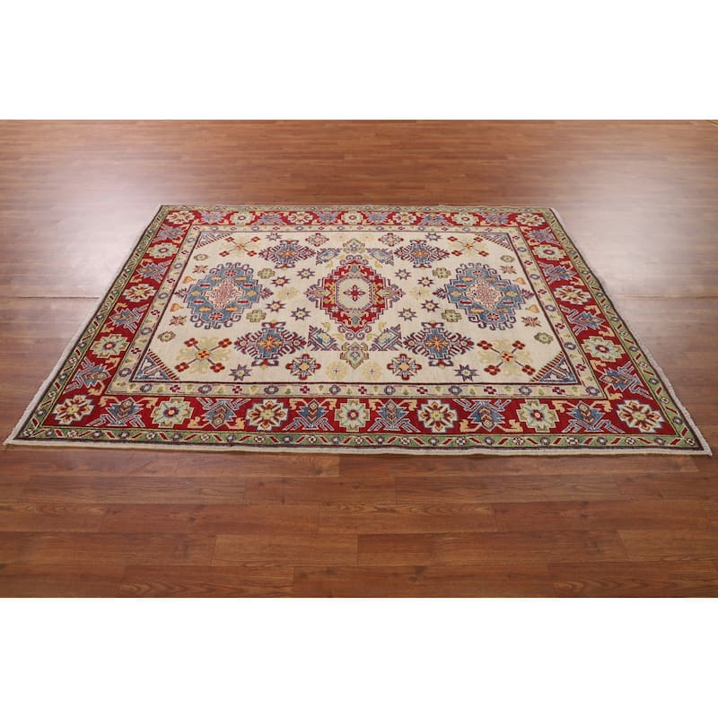 Beige Geometric Kazak Oriental Area Rug Hand-Knotted Wool Carpet - 5'1" x 6'6"