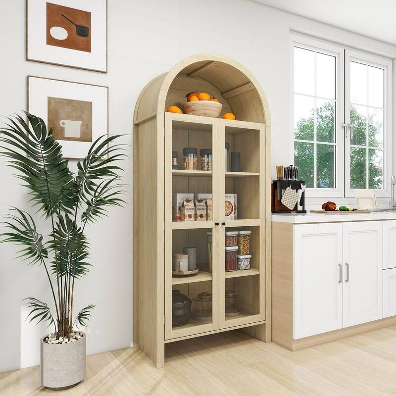 Farmhouse Wood Kitchen Pantry Cabinet, ,Arched Storage Display Cabinet with Glass Doors and Adjustable Shelves