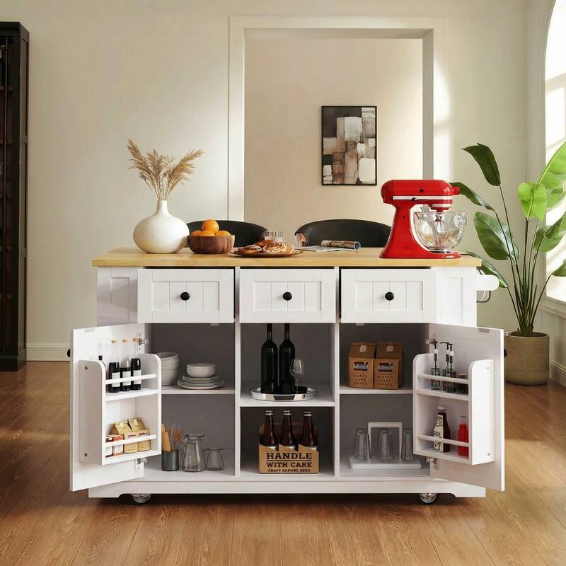 53" Kitchen Island with Drop Leaf,Rolling Kitchen Cart on 5 Wheels withDrawers, Power Outlet and Open Side Racks for Kitchen - White