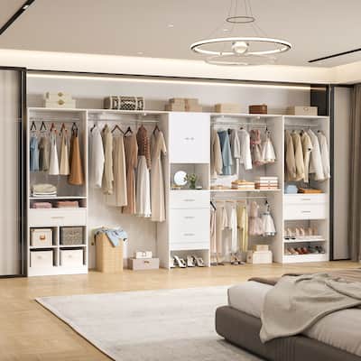 Rhezo 69"-145" W Freestanding Closet System With Wooden Drawers and Hanging Rods,Walk-in Closet Organizer with Doors