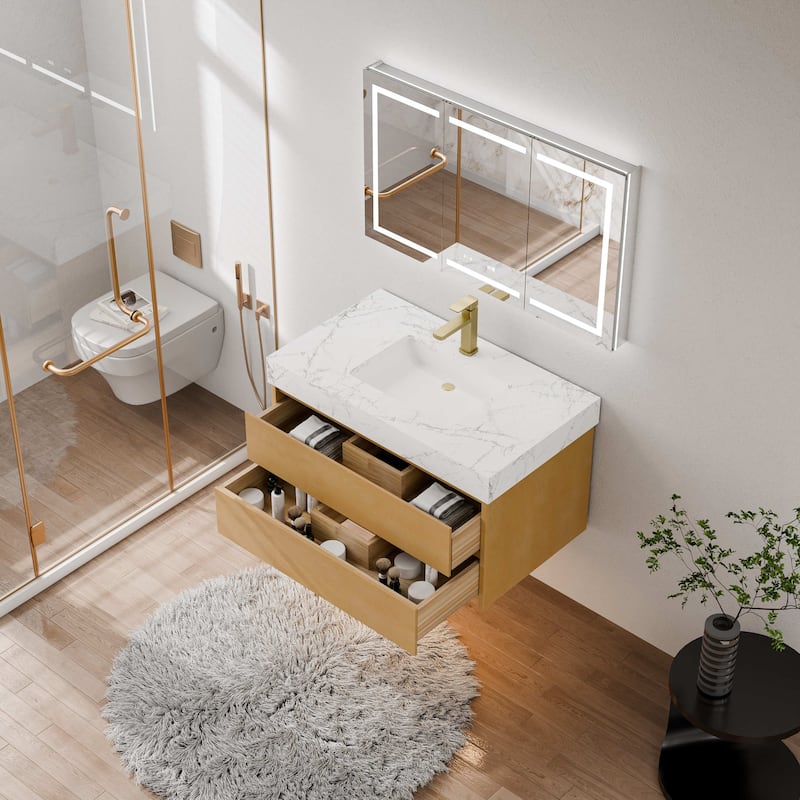 Modland 36" Floating Modern Bathroom Vanity with Single Sink,Maple Wood Wall Mounted Vanity with Marble Countertop - 36 Inch