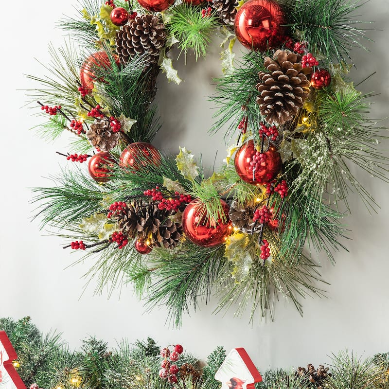 Glitzhome 24"D Lit Frosted Ball Berry Holly Pine Pinecone Wreath With Lights