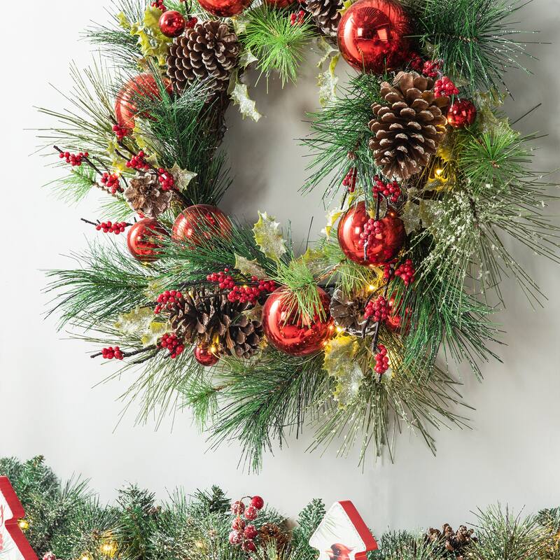 Glitzhome 24"D Lit Frosted Ball Berry Holly Pine Pinecone Wreath With Lights