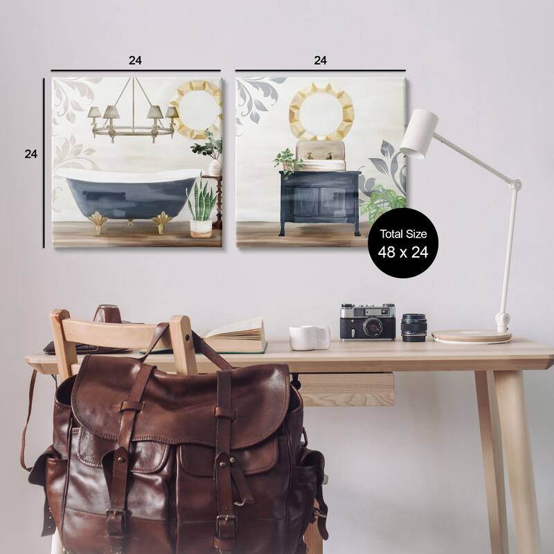 Stupell Chic Bathroom Interior Still Life Bathtub Sink Plants 2pc Multi Piece Canvas Wall Art Set - Blue