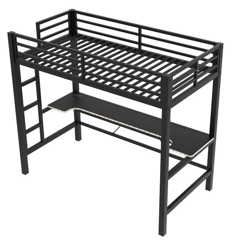 Twin Size Metal Gaming Loft Bed with LED Lights, USB Charging Station and Desk