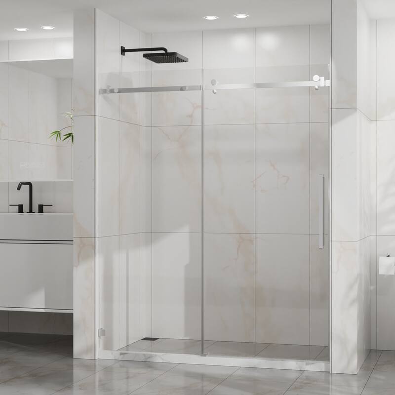 60" W x 72" H Sliding Shower Door, Frameless Sleek Glass Shower Door, 1/4" (6mm) Thick Tempered Clear Glass