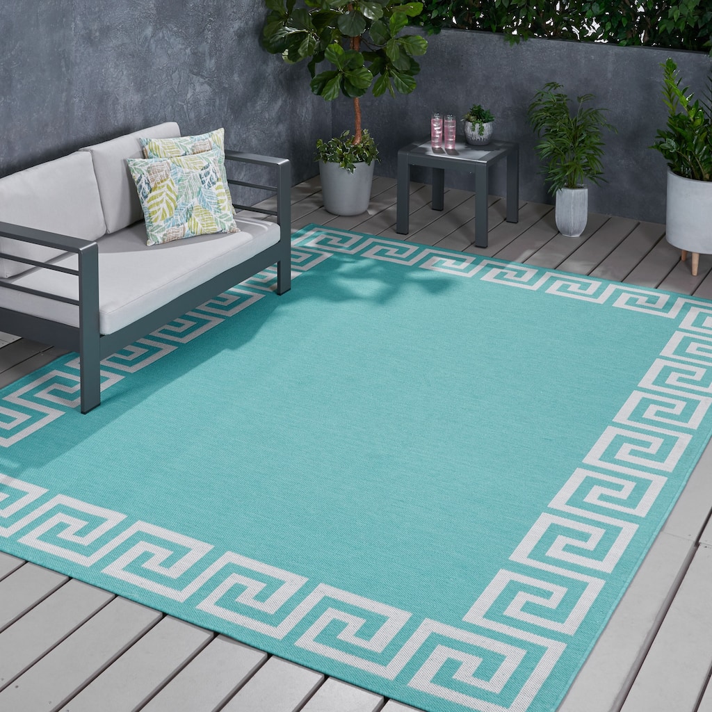 Turquoise Outdoor Area Rug with Greek Key Border, Durable Polypropylene, Ideal for Outdoor Spaces - 9'3" x 12'3"