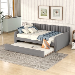 Full Size Velvet Upholstered Daybed with Twin Size Trundle Bed, Wood Slats and Tufted Backrest, Daybed with Wood Frame