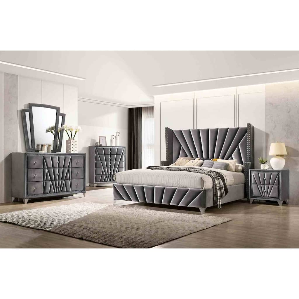 Transitional Gray Finish Bedroom Set Upholstered Bed Dresser Mirror Nightstand Chest