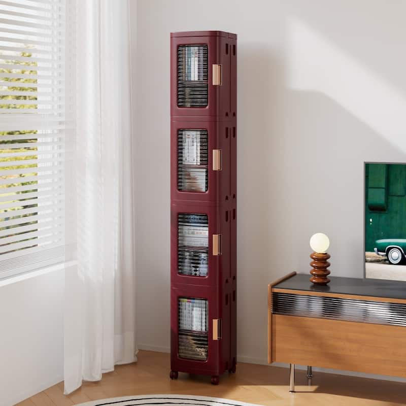 Javlergo 65" Narrow Tall Storage Bin 4 Tier Foldable Kitchen Storage Cabinet Organizer Freestanding Kitchen Pantry - 9.6 x 11.2 x 65.4 In(LxWxH) - Red