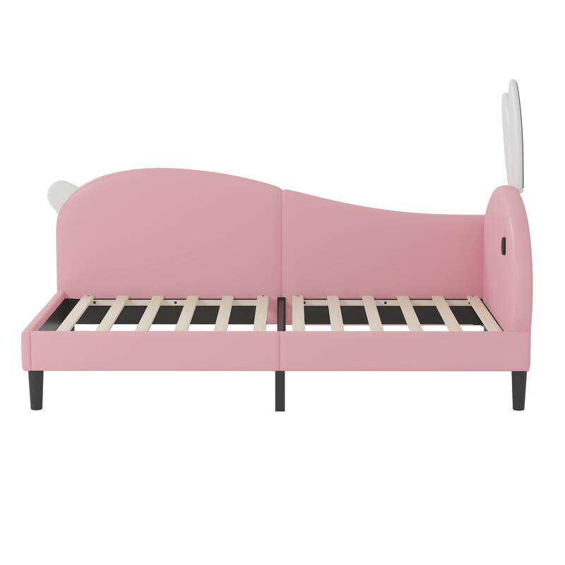 Pink Kids Bed Lovely Rabbit-Shape Daybed with Soft Backrest and Rabbit-ear Headboard, Platform Daybed Frame for Kids' Rooms