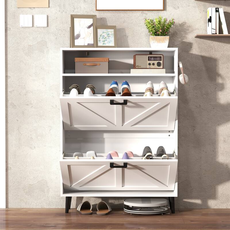 Shoe Cabinet with 2 Flip Drawers & Open Storage,Farmhouse Shoe Storage Cabinet for Entryway, Freestanding Organizer Rack