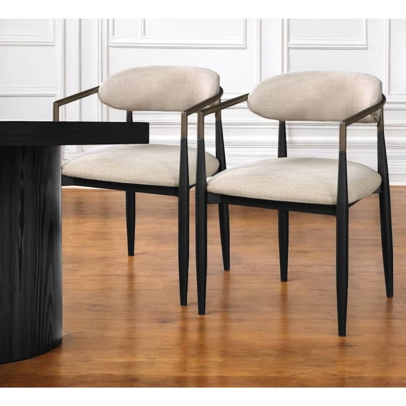 Beige Fabric Upholstered Armchairs with Black Wood Legs Set of 2 Open Back - 23” x 23” x 31” (D x W x H)