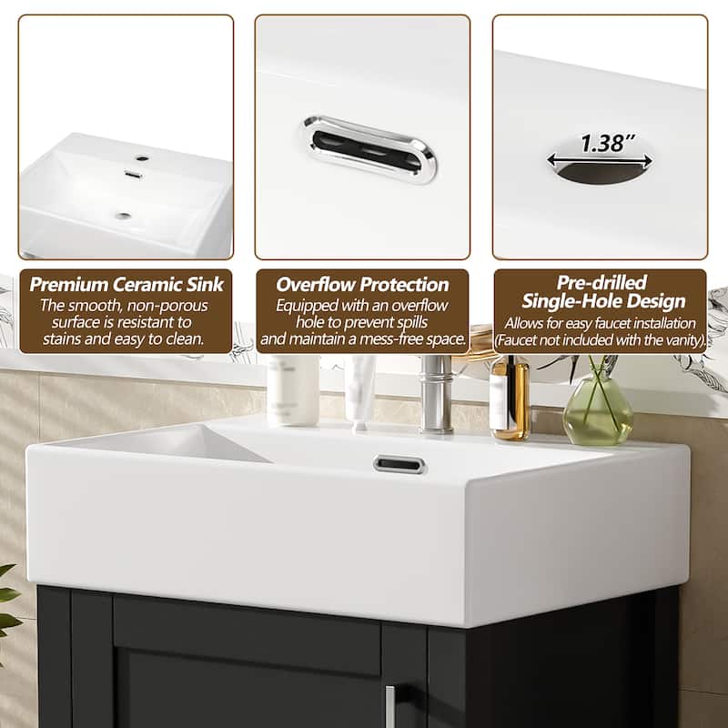 Small Bathroom Vanity 20 Inch with Sink, Solid Wood Cabinet, 1 Drawer 1 Door Storage, Freestanding, Modern Design