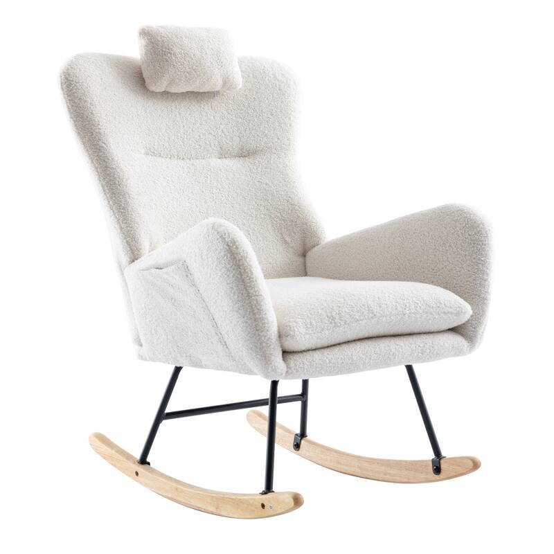 Teddy Fabric Wingback Rocking Chair for Nursery with Safe Solid Wood Base