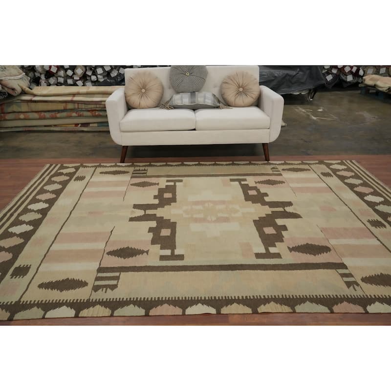 Hand Woven Oriental 100% Wool Carpet Southwestern Tribal Multi-Colored Kilim Area Rug - 9' 11'' X 6' 8''