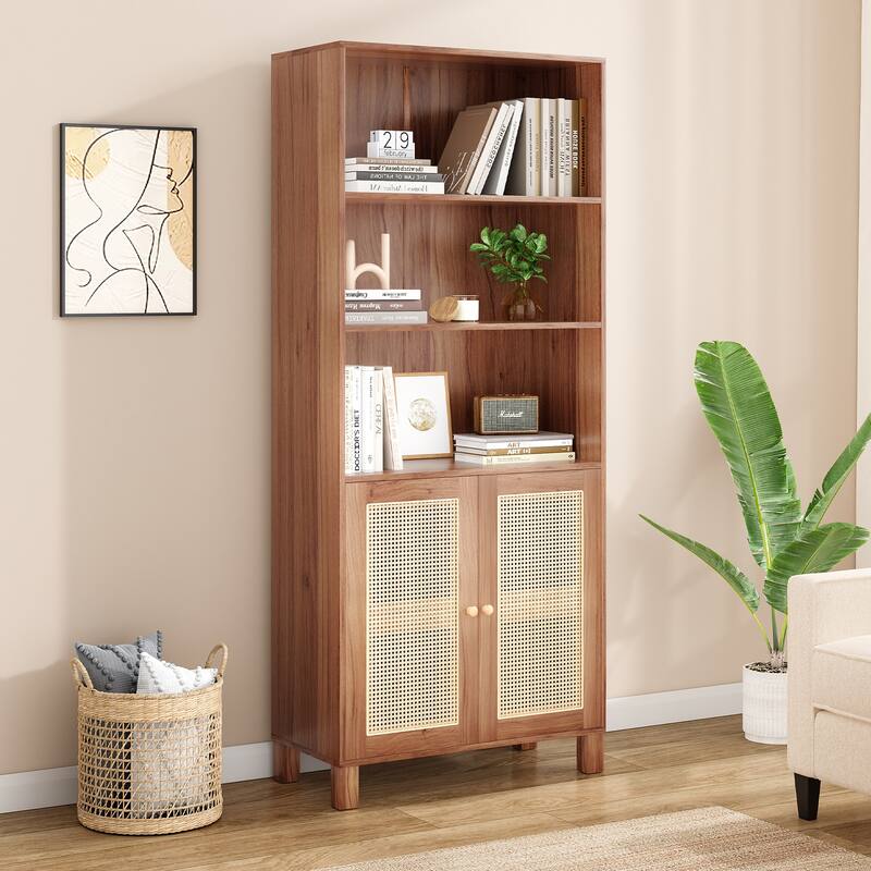 Tall Bookcase with Rattan Doors,5 Tier Storage Wood Shelves Large Bookshelf for Library Living Room Bedroom Home Office