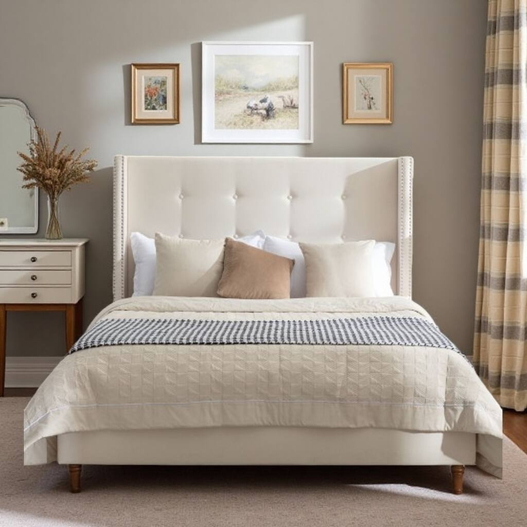 Velvet Queen Size Bed Frame with 54" Tufted Wingback Headboard, Nailhead Trim, Solid Wood Legs, Metal Support Frame