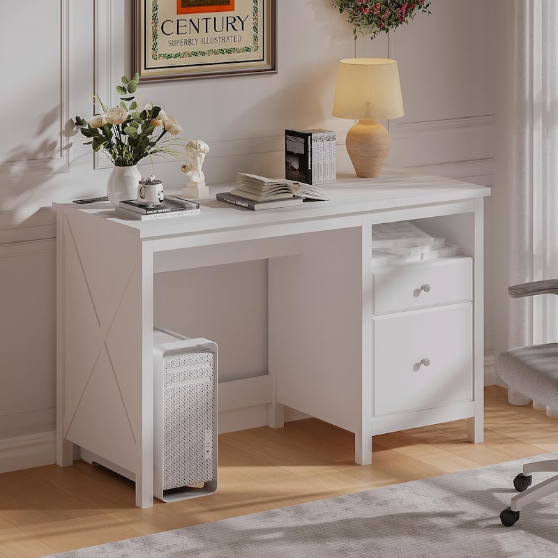 47" Farmhouse Wood Writing Desk With Drawers, Home Office Desk with Charging Station, 2 Storage Drawers and Open Shelf