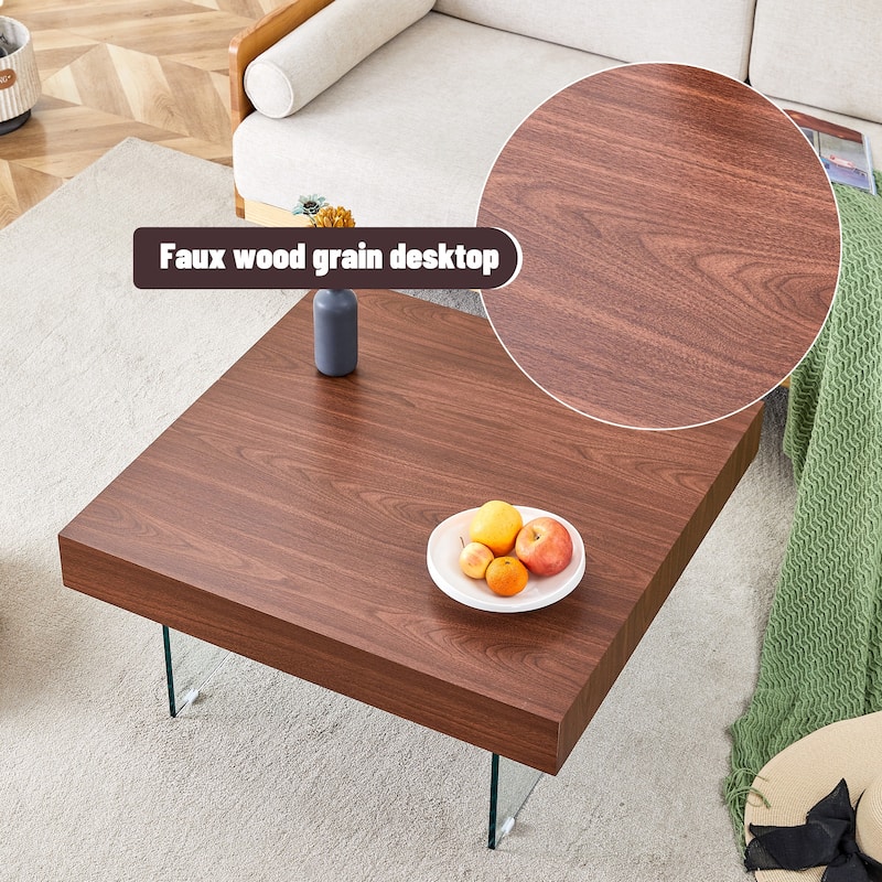 Walnut Colored Square Mdf Coffee Table - 31.5"X31.5"With Tempered Glass Legs.Density Board Sticker,Reinforced Glass Legs