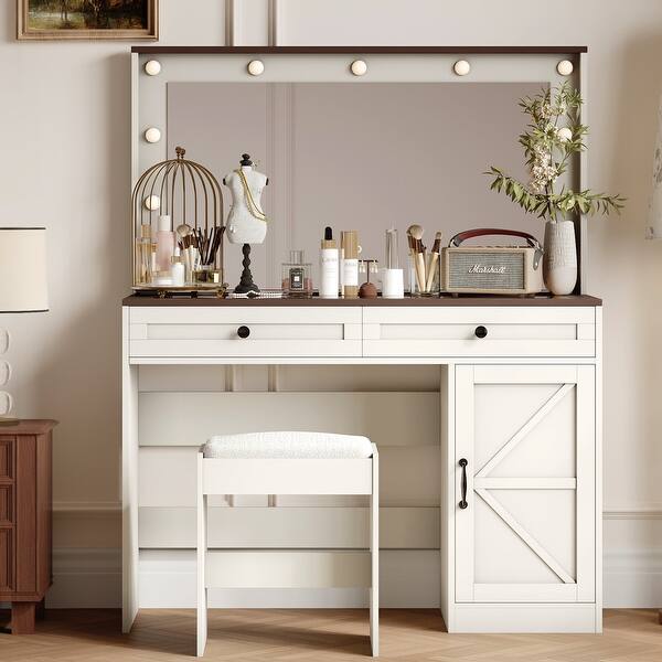Dressing Table Set with Lighted Mirror, Large Makeup Vanity with 2 Drawers  Clear Glass Table Top Women's Dressing Table - Bed Bath & Beyond - 42252312