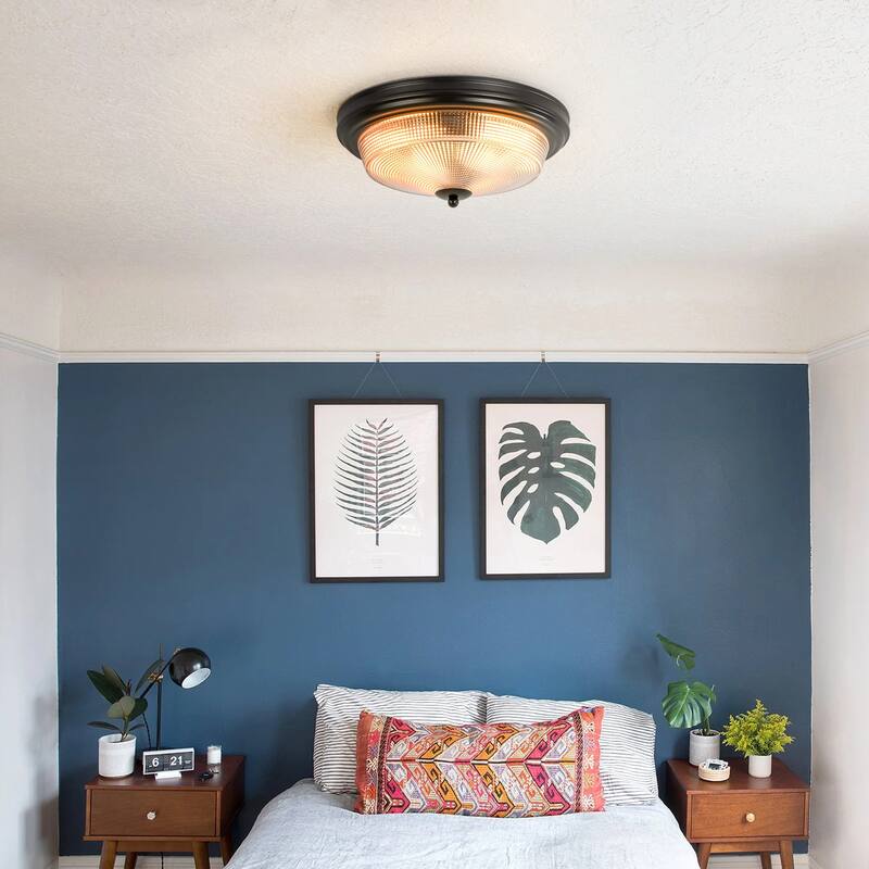 2-Light Modern Vintage Black Cone Textured Prismatic Glass Flush Mount Light - 14.5 in. W x 6.6 in. H