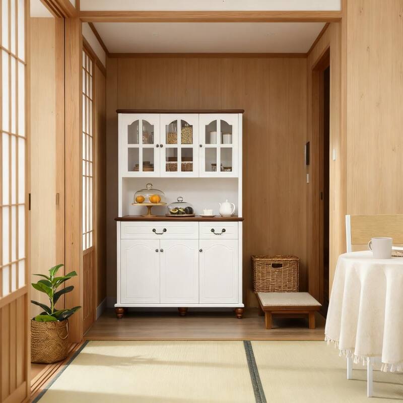 Large Retro Pantry Cabinet with Countertop, Buffet Cabinet,Tall Kitchen Hutch with 2 Drawers, Glass Door for Dining Rooms