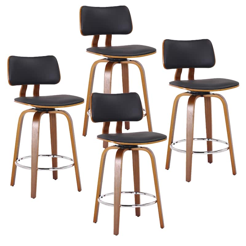 Mid-Century Faux Leather and Wood 26" Counter Stool with Swivel, Set of 4 - White and Walnut