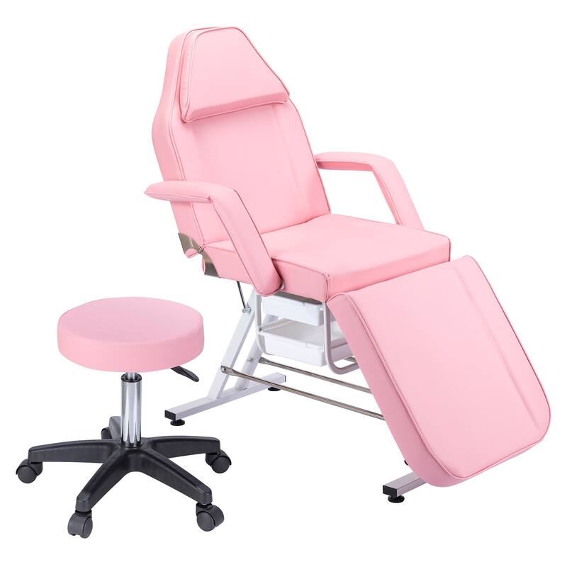 Massage Salon Tattoo Chair - 3-Section Adjustable Facial Bed with Two Trays & Hydraulic Stool, Multi-Purpose Spa Equipment - Pink