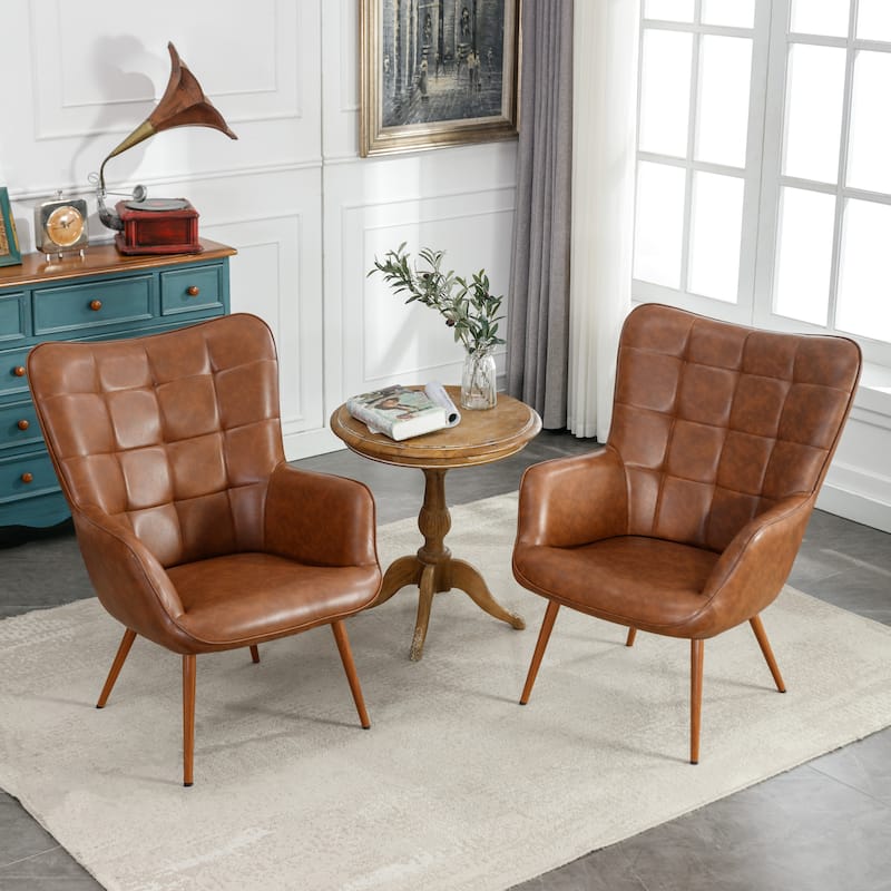 Vintage Wingback Chair Tufted Button PU Leather Accent Chair