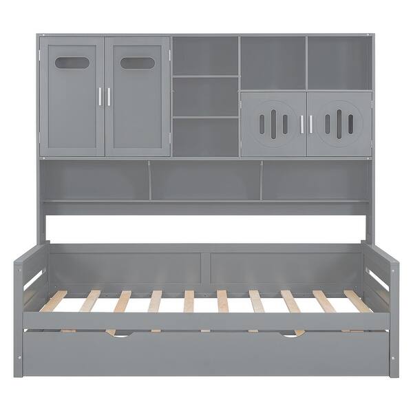 slide 2 of 13, Twin Wooden Daybed With Size Trundle and All-in-One Cabinet, Grey Grey