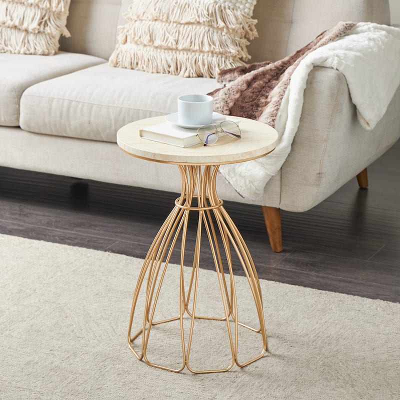Gold Metal Flower Inspired Accent Table with Cream Marble Tabletop - Gold - 16" x 16" x 22"