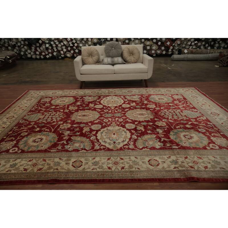 Hand Knotted Oriental 100% Wool Carpet Traditional All-Over Red Ziegler Area Rug - 11' 10'' X 9' 0''