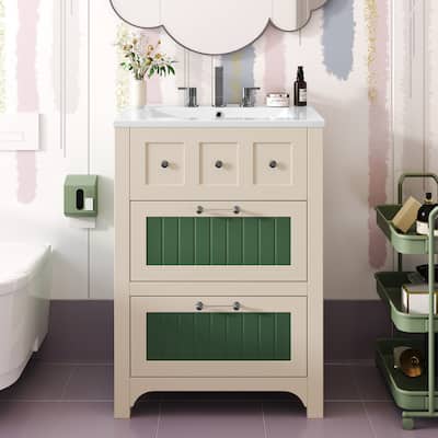 24 Inch Single Sink Freestanding Bathroom Vanity in Green with White Ceramic Top