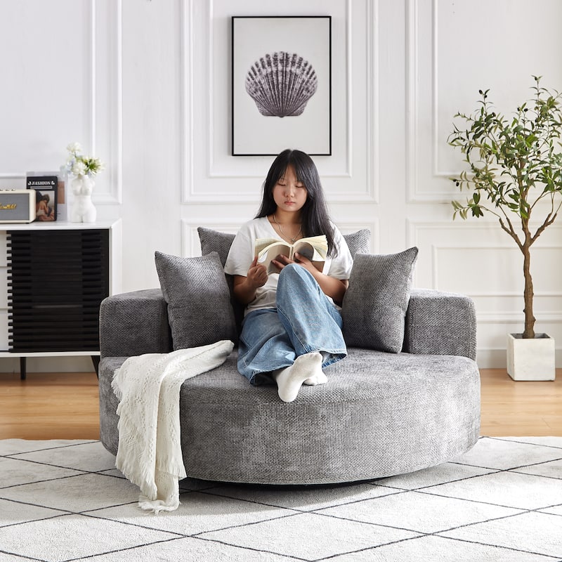 360° Swivel Sofa Chair Chenille Round Single Chaise Lounge with Cylindrical Neck Pillow and Integrated Backrest for Living Room
