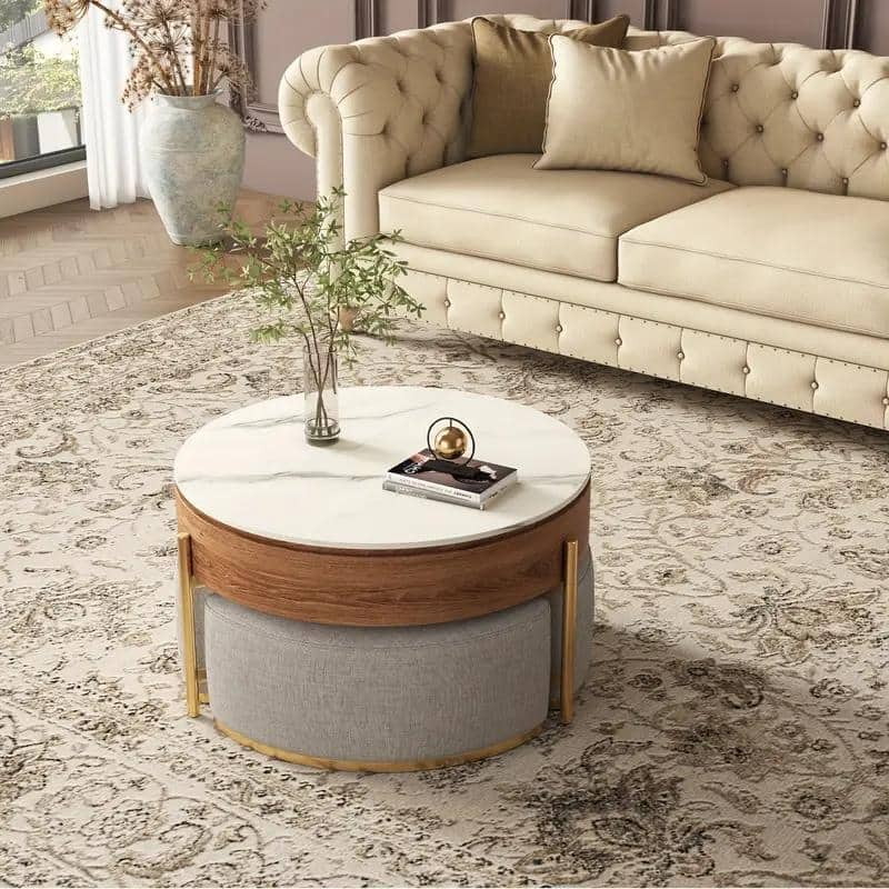Modern Round Faux Marble Lift-Top Coffee Table Set with Stools and Storage - L 31.5'×W 31.5'×H 19.29'